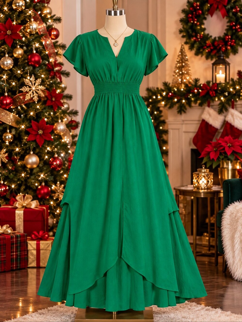 CeCe Emerald Green V-Neck Maxi Dress